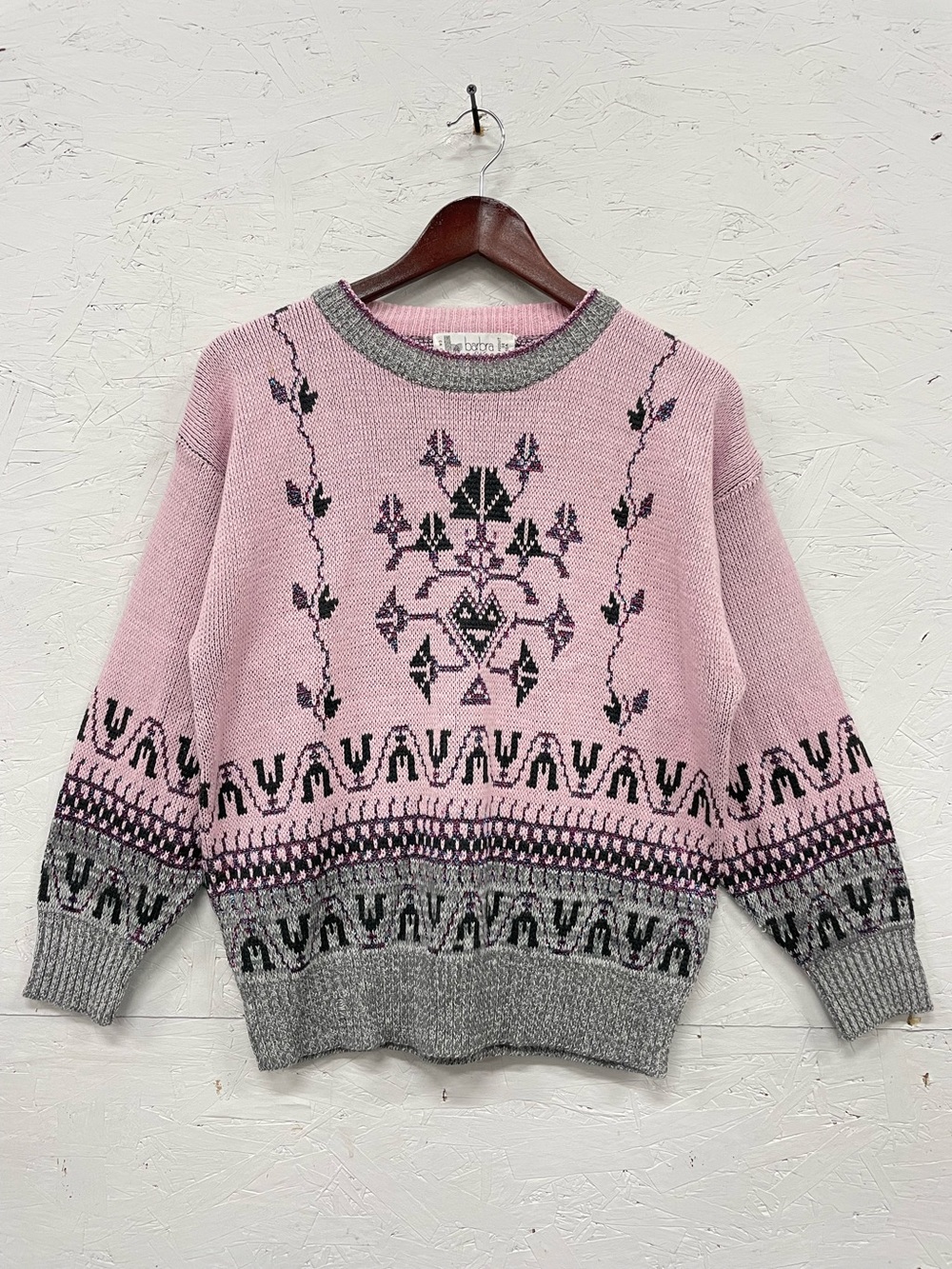 Vintage 1980s Barbara Sue Fair Isle Knit Sweater, Size L, Glitter Thread, Pink